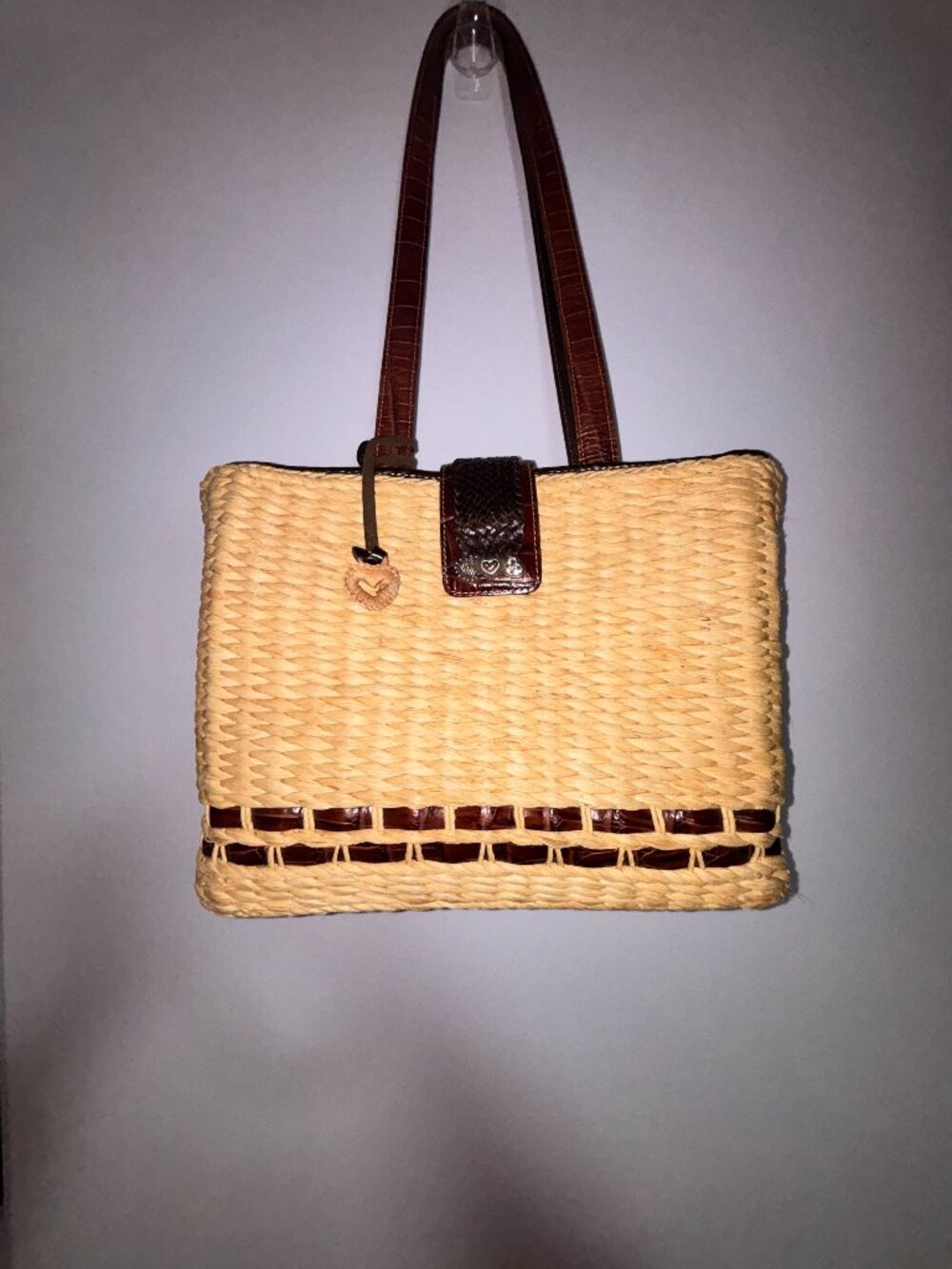 Brighton Vintage Woven Straw Tote Bag Croc Embossed Brown Leather Trim